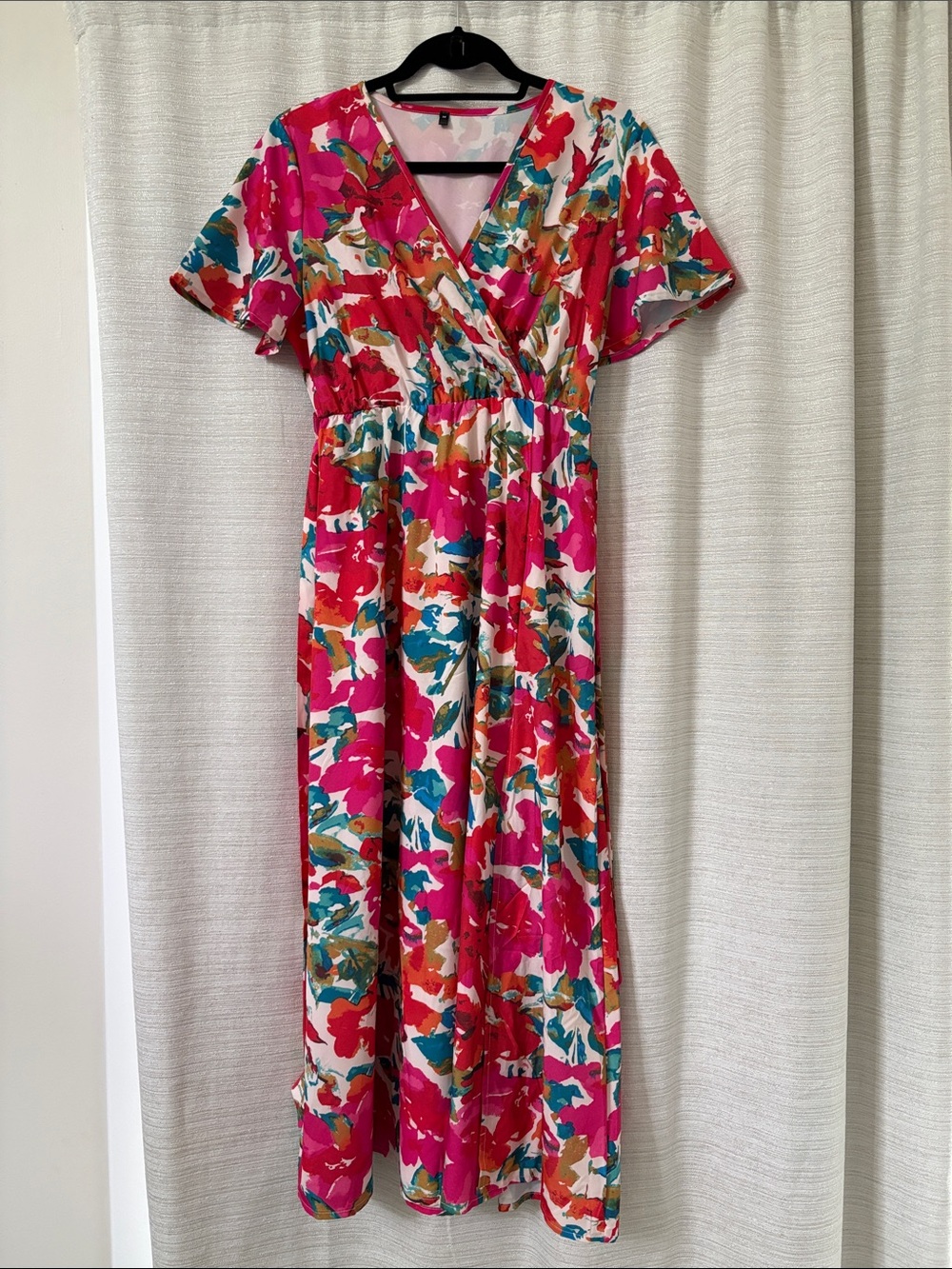 Medium Floral Wrap V-neck Short Sleeve Pink Maxi Dress with Belt and Slit